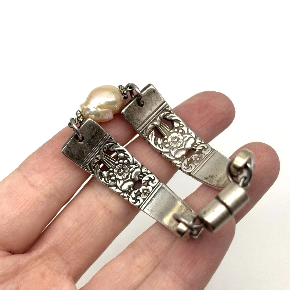 1950s Coronation Silver-plated Floral Spoon Bracelet w/ Freshwater Pearl 6.75
